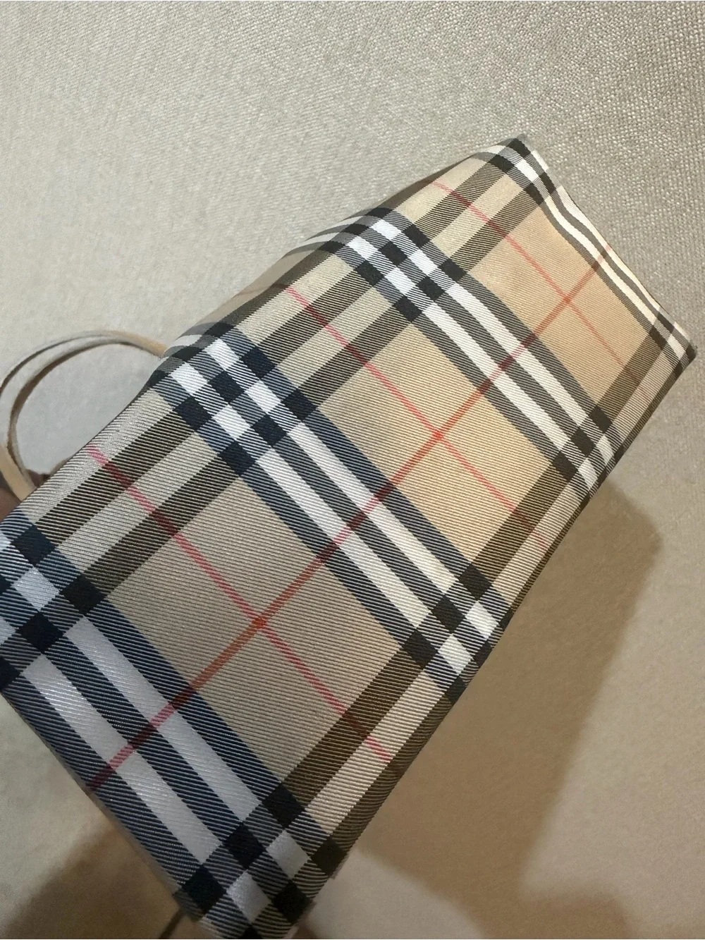 Burberry Beige Check Canvas Mini Tote with Tan Leather Handles